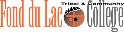 Logo for Fond du Lac Tribal & Community College, with orange and gray text and an emblem featuring a black and orange circle with a cross and feather design in the center.