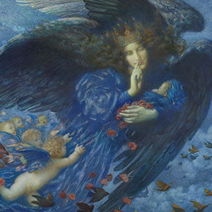 A winged woman wearing a crown holds a sleeping child and gestures for silence. Several cherubs with blue wings fly nearby against a dreamy blue background with scattered rose petals and butterflies.