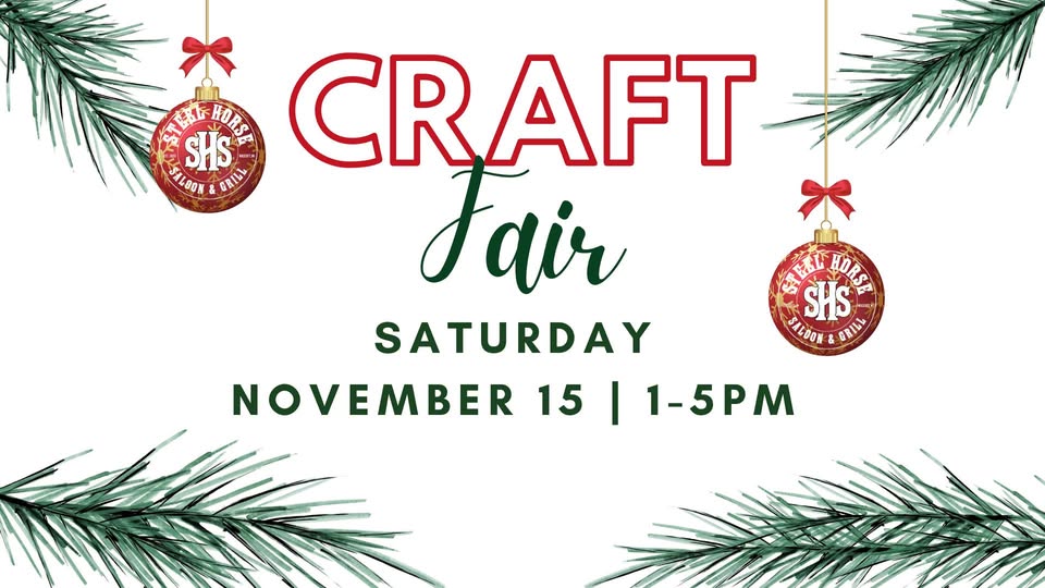 Craft Fair announcement with Christmas ornaments and pine branches, scheduled for Saturday, November 15 from 1–5 PM.