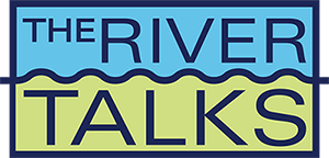 Logo with "The River Talks" written in bold blue letters, with "RIVER" on a blue background, "TALKS" on a light green background, and a wavy blue line between the two words.