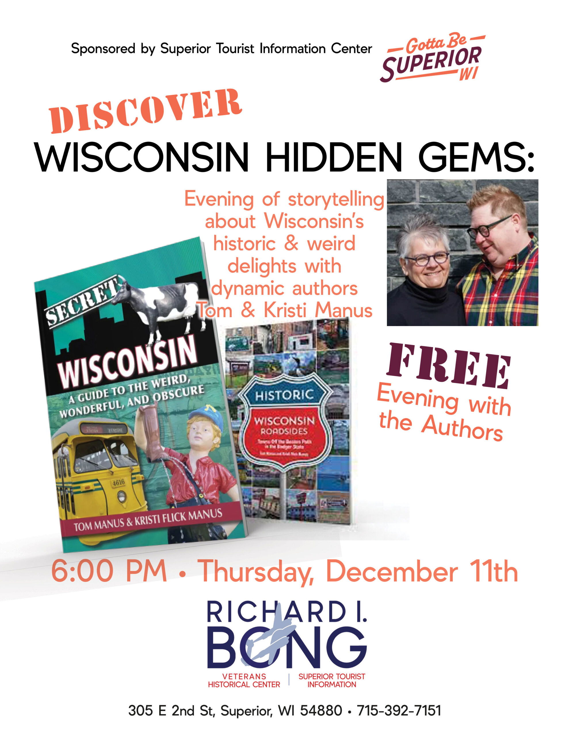 Event poster for "Wisconsin Hidden Gems" featuring book covers, photos of two authors, and event details for a storytelling evening on December 11th at 6 PM at the Richard I. Bong Veterans Historical Center.