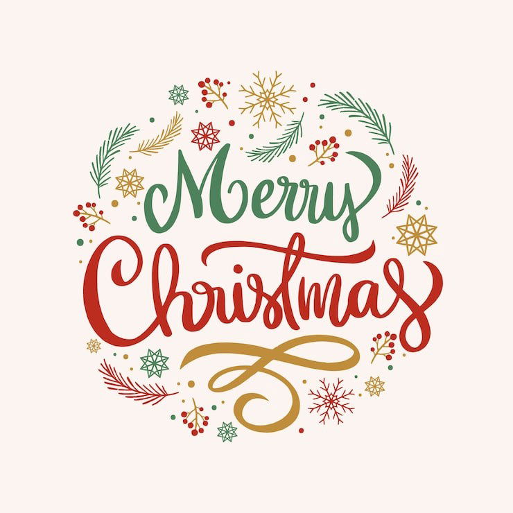 A festive wreath made of pine branches, holly, berries, and snowflakes surrounds the hand-lettered words "Merry Christmas" in green, red, and gold on a light background.