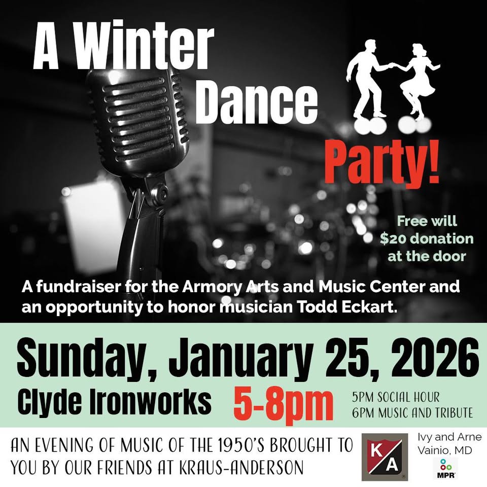 Event poster for "A Winter Dance Party," a 1950s-themed music fundraiser on Sunday, January 25, 2026, from 5-8pm at Clyde Ironworks. $20 suggested donation; honoring musician Todd Eckart.