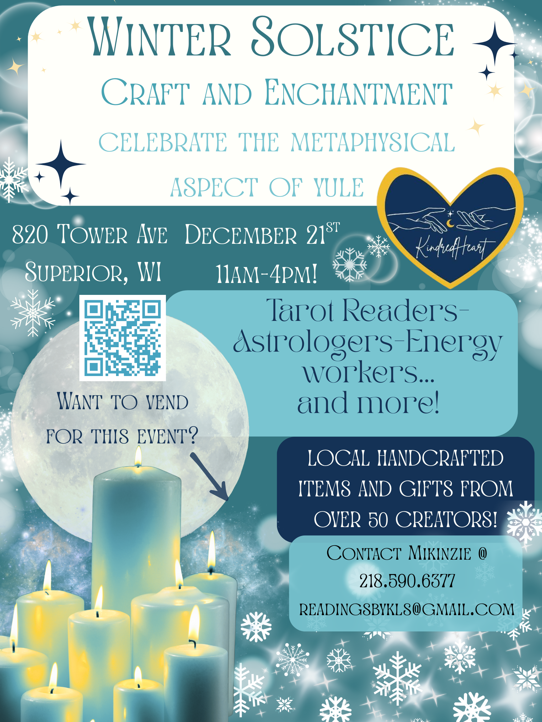 Flyer for a Winter Solstice event with details: December 21, 11AM-4PM, Superior, WI. Features celestial and snowflake motifs, event info, and a call for vendors. Blue, white, and teal color scheme.