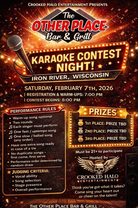 A karaoke contest flyer for The Other Place Bar & Grill in Iron River, Wisconsin, showing event date February 7, 2026, contest rules, judging criteria, prizes, and a microphone with spotlights in the background.