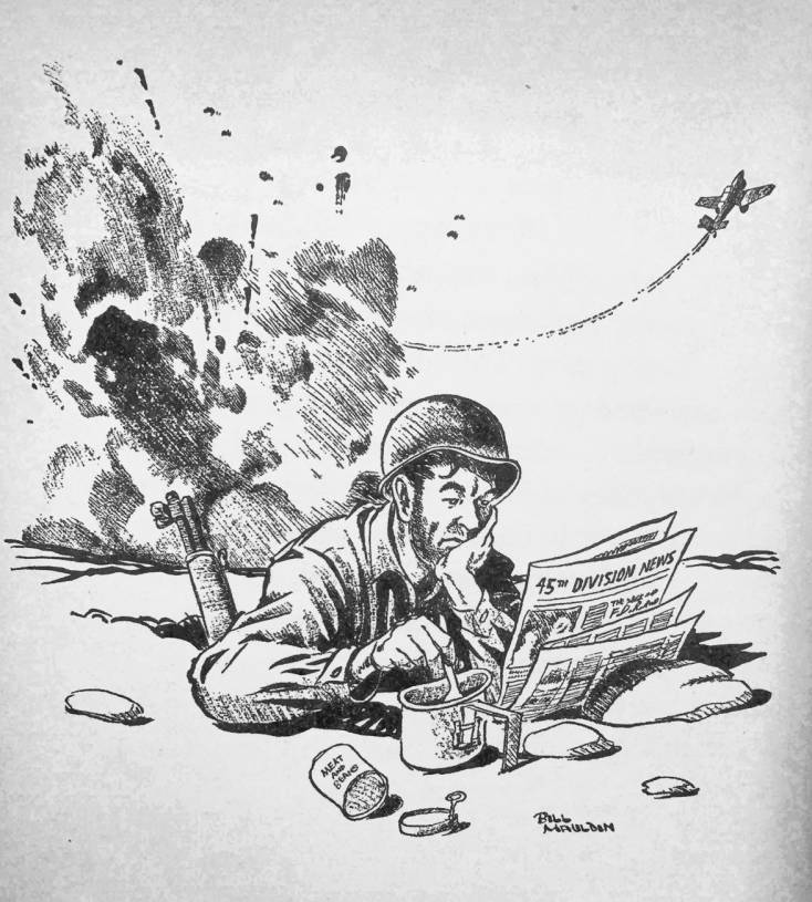A soldier sits in a trench, eating from a mess tin and reading a newspaper as an explosion erupts behind him and a plane flies in the sky. Scattered items and his rifle lie nearby.