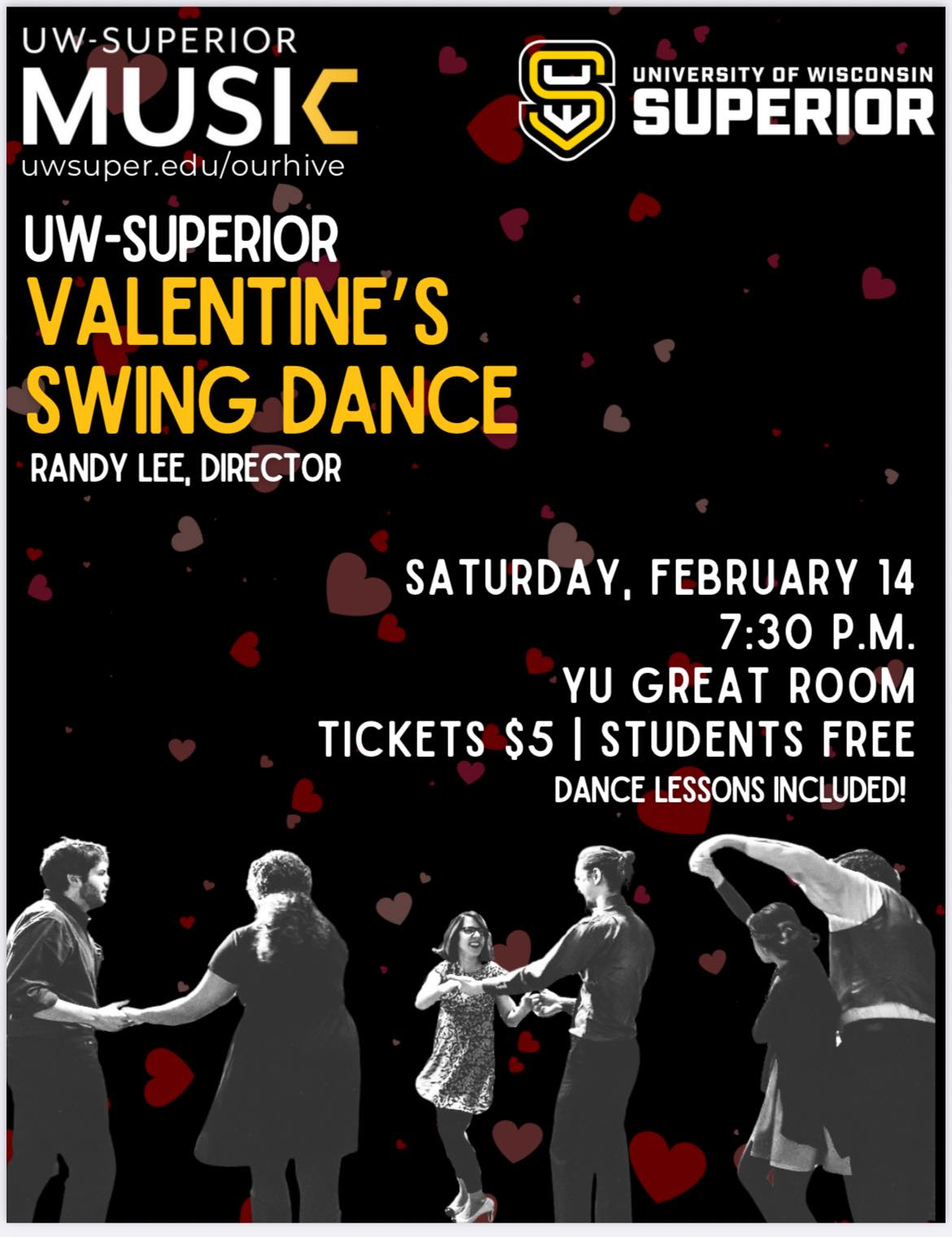 Event poster for UW-Superior Valentine’s Swing Dance, directed by Randy Lee. Silhouettes of dancing couples with floating hearts. Event is on Saturday, February 14 at 7:30 PM in the YU Great Room. Tickets $5, students free.