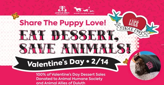 Valentine’s Day event poster with text “Eat Dessert, Save Animals!” and details about dessert sales benefiting Animal Humane Society and Animal Allies. Includes logos and a photo of a puppy wearing a hat.