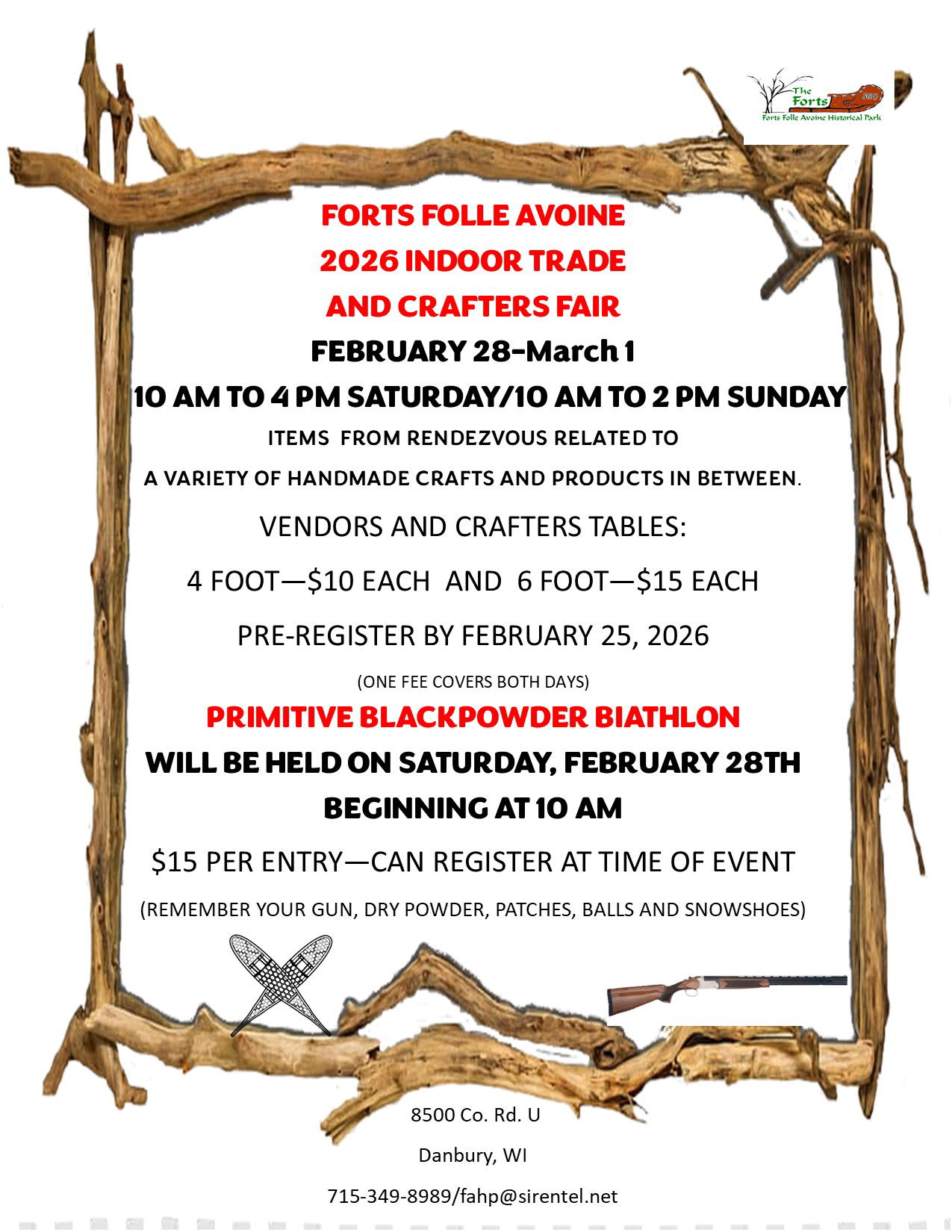 Flyer for Forts Folle Avoine 2026 Indoor Trade and Crafters Fair, Feb 28–Mar 1, and Primitive Blackpowder Biathlon, Feb 28. Details, pricing, and contact info are provided, with wooden frame and logos.