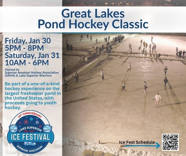 A nighttime aerial view shows several groups playing hockey on an outdoor ice rink, with lights illuminating the scene. Text promotes the Great Lakes Pond Hockey Classic at the 10th Lake Superior Ice Festival.
