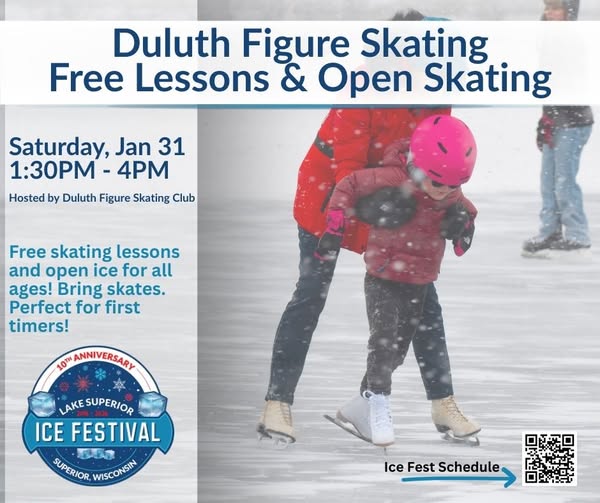 A child wearing a pink helmet and red jacket skates on ice with the help of an adult holding their arms. Text promotes free figure skating lessons and open skating at the Duluth Ice Festival on January 31, 1:30–4 PM.