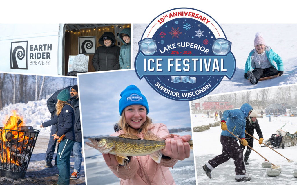 Collage of Lake Superior Ice Festival activities: people warming by a fire, a girl holding a fish, curling on ice, ice sculpting, and the festival logo reading “10th Anniversary Lake Superior Ice Festival, Superior, Wisconsin.”.