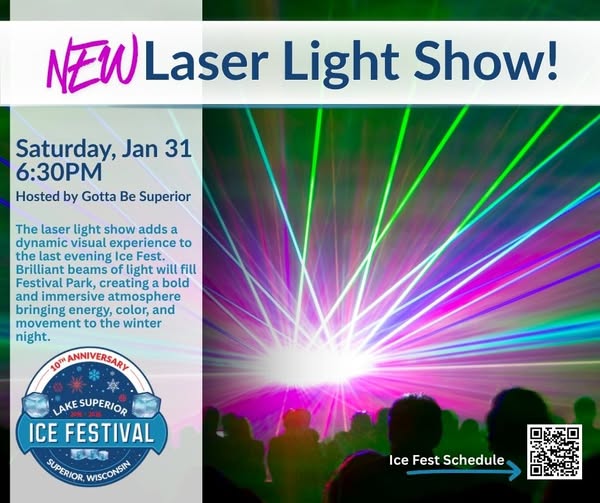 Colorful laser lights in purple, blue, and green shine across a dark room filled with silhouetted people. Event info panel promotes a laser light show at the Lake Superior Ice Festival on Saturday, Jan 31 at 6:30 PM.