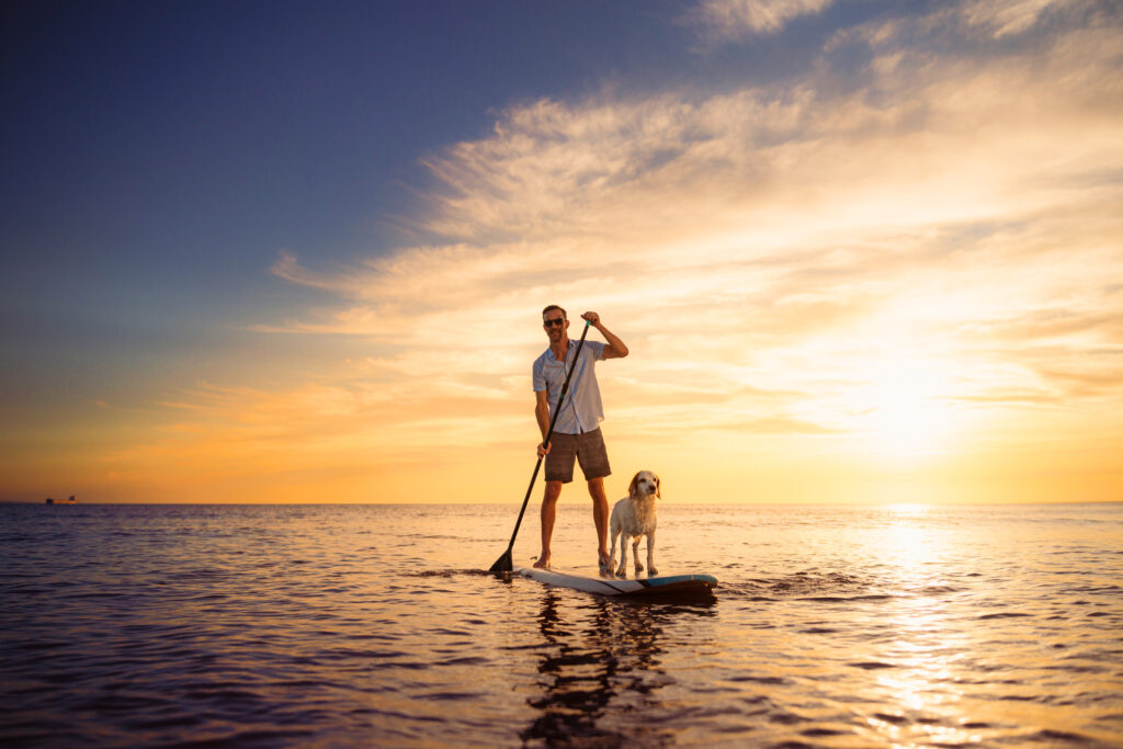 A person paddles on a stand-up paddleboard with a dog at their feet on calm water during a vibrant sunset—one of the best things to do in Superior Wisconsin, where the orange and blue sky reflects beautifully across the sea.