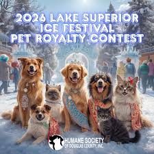 A group of dogs and cats with royal accessories sit in the snow at a winter festival. The text reads “2026 Lake Superior Ice Festival Pet Royalty Contest.” The Humane Society of Douglas County logo appears at the bottom.