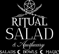 White text on a black background reads, “Ritual Salad & Apothecary” with a pentagram and decorative branches above. Below, it says “Salads Bowls Magic” with crescent moon symbols between each word.