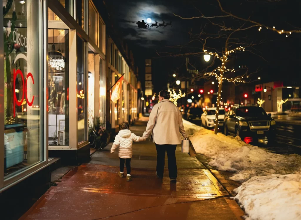 An adult and child holding hands walk along a snowy, decorated city street at night. Storefronts are lit up, and Santa’s sleigh and reindeer appear in the moonlit sky—evoking the charm of Wisconsin places to visit in summer, now transformed for winter.