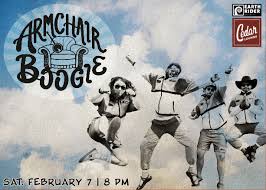 Four people jump in the air against a cloudy sky background beside text that reads "Armchair Boogie" with a drawing of an armchair. Event details at the bottom: "Sat. February 7 | 8 PM." Logos appear in the top right corner.