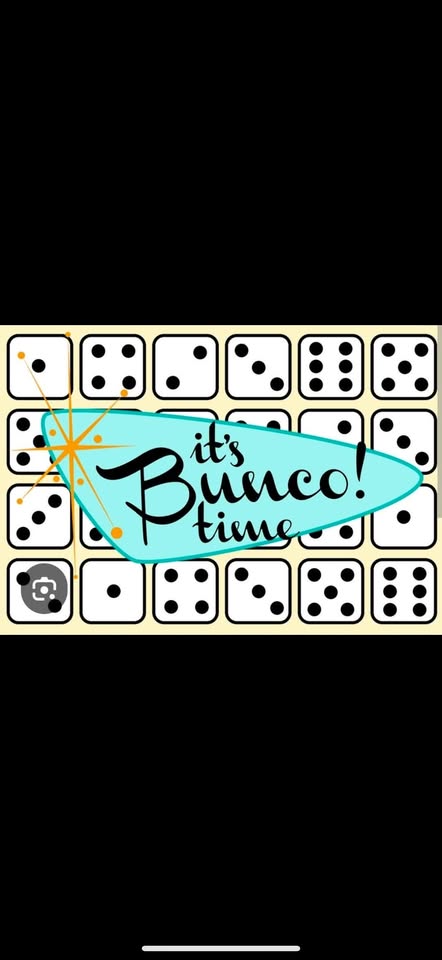 An illustration with various domino and dice faces as a background features the phrase "it's Bunco time!" in playful black and blue lettering, with decorative stars and accents.