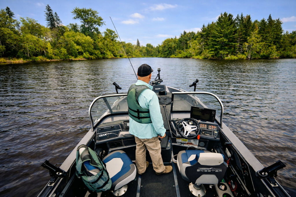 A person wearing a life vest stands on a fishing boat, enjoying water activities in Superior, Wisconsin, facing a calm, tree-lined lake under a blue sky while holding a fishing rod and surrounded by boating and fishing equipment.