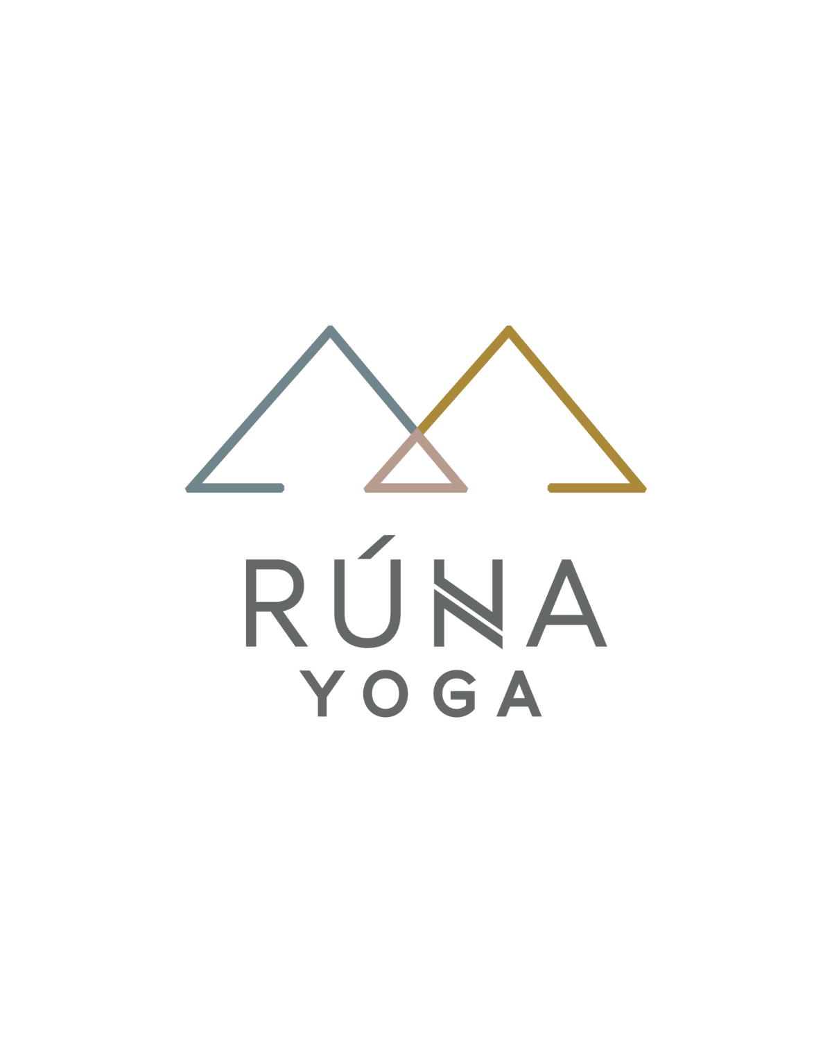 Minimalist logo of Rúna Yoga featuring three overlapping zigzag lines in blue, beige, and gold forming mountain shapes above the words “RÚNA YOGA” in clean, modern gray letters on a white background.