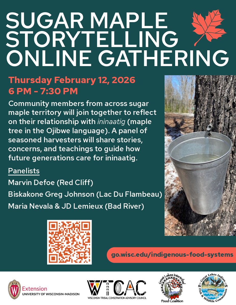 Flyer for "Sugar Maple Storytelling Online Gathering" on February 12, 2026, with event details, sponsor logos, a maple tree with a sap bucket, and mention of panelists discussing maple tree harvesting and traditions.