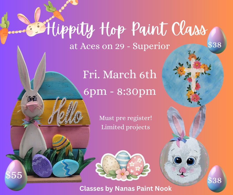 Event flyer with pastel Easter-themed crafts: a bunny egg sign ($55), a bunny face on a round board ($38), and a floral cross on a blue background ($38). Text details a paint class on March 6, 6-8:30pm.