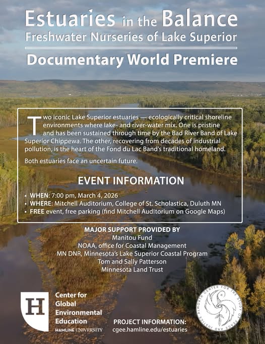 Event poster for “Estuaries in the Balance: Freshwater Nurseries of Lake Superior” documentary premiere, featuring event details over a wetland landscape with text about the film’s focus on Lake Superior estuaries.