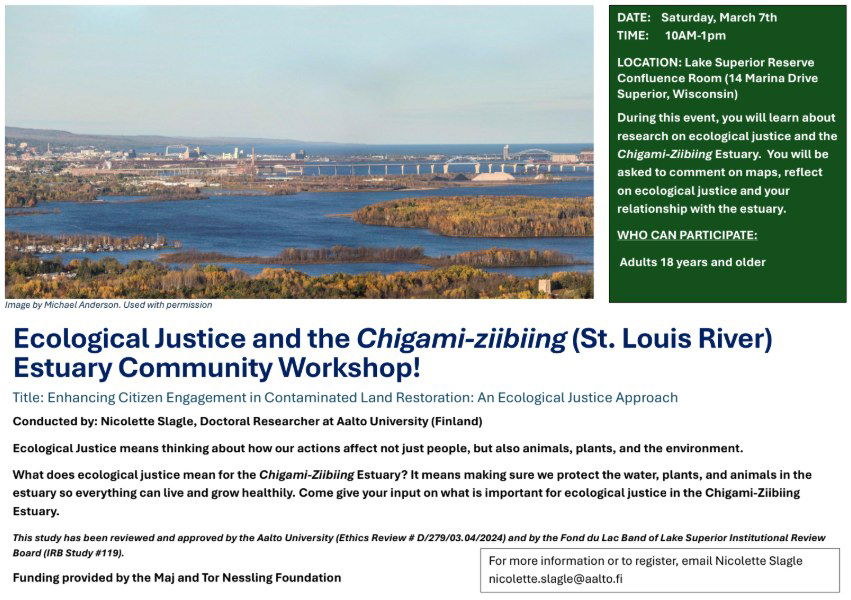 Event flyer for the “Ecological Justice and the Chigami-ziibiing Estuary Community Workshop” with event details, description, and a green side panel highlighting time, location, and participant requirements.
