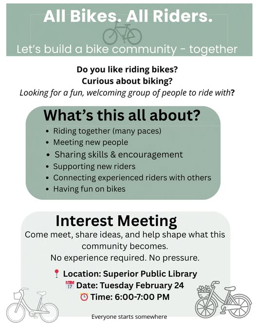 Flyer for a bike community event, featuring text about an interest meeting on Tuesday, February 24, from 6–7 PM at Superior Public Library, with bike graphics and details about riding, learning, and connecting with others.