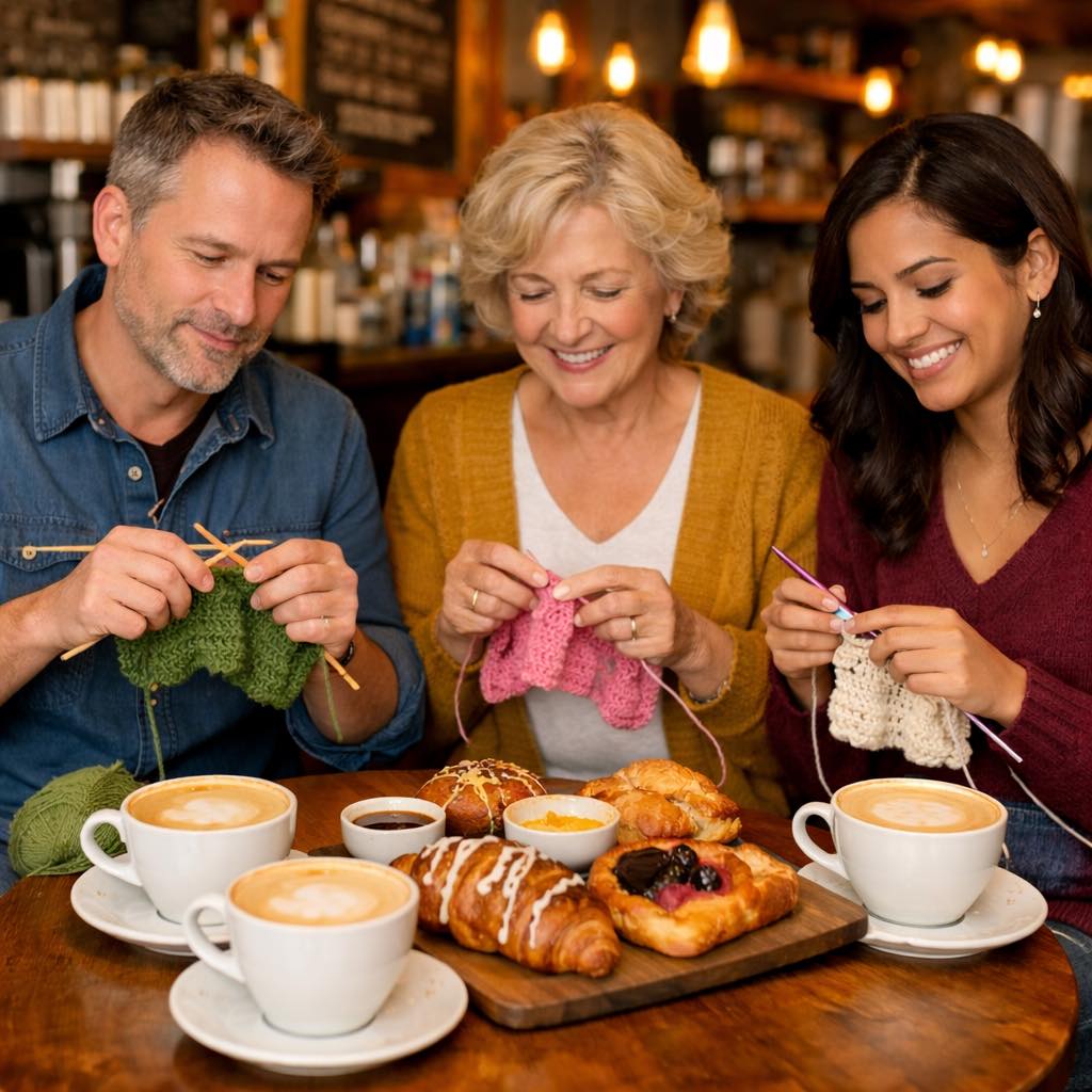 Three people sit at a café table with coffee and pastries, happily knitting together. The cozy setting features warm lighting and a relaxed, cheerful atmosphere.