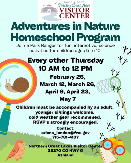 Adventure in Nature Homeschool Programs @ Northern Great Lakes Visitor Center – Ashland WI