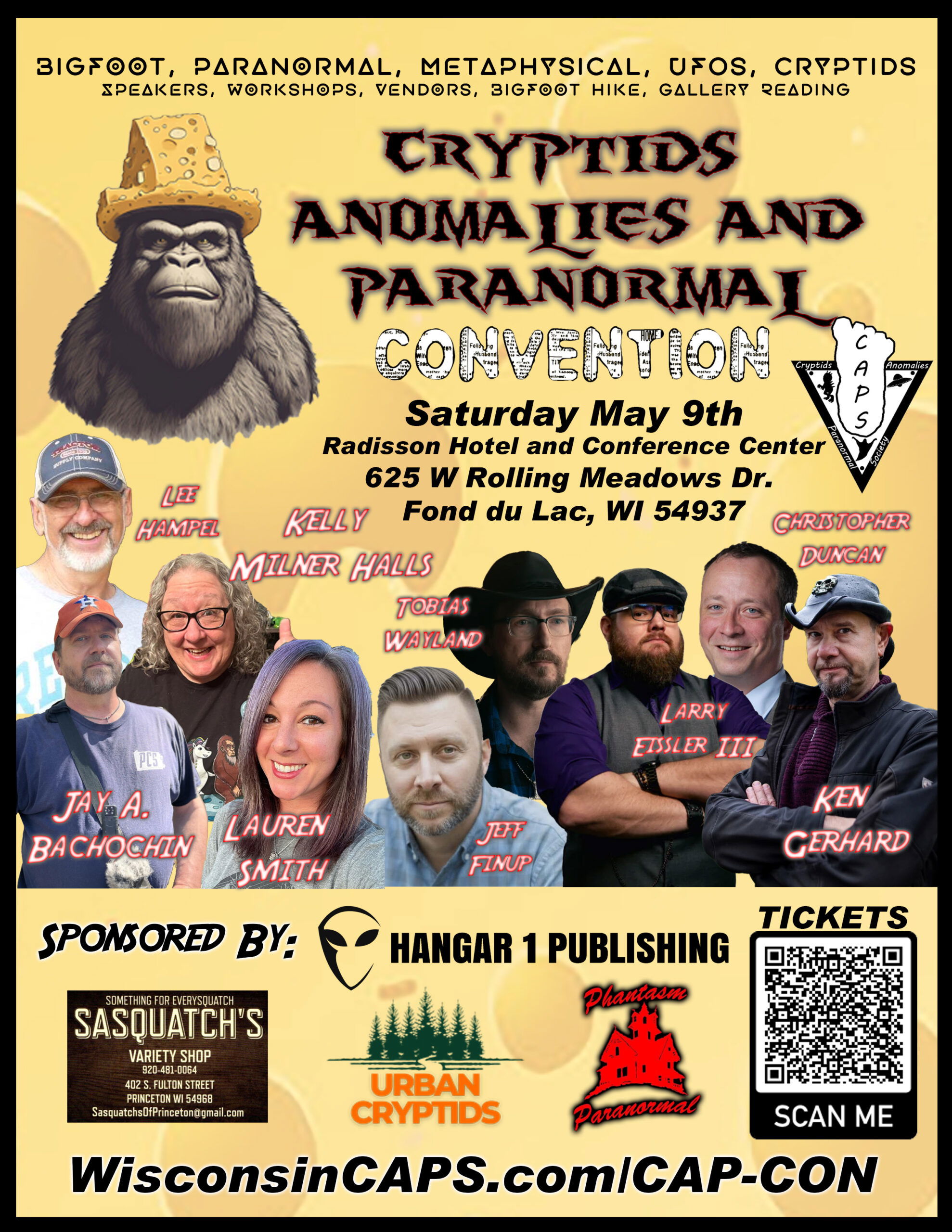 Poster for the Cryptids, Anomalies, and Paranormal Convention on May 9 in Fond du Lac, WI, featuring images of guest speakers, sponsor logos, and a cartoon Bigfoot wearing a fedora.