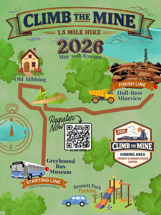 A colorful illustrated map for "Climb the Mine," a 1.5 mile hike event on May 30, 2026, showing the route from Greyhound Bus Museum to Hull-Rust Mineview, with landmarks and a QR code to register.