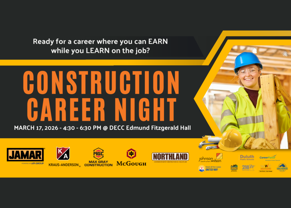 A smiling construction worker in safety gear holds wood beams. Text: "Construction Career Night, March 17, 2026, 4:30–6:30 PM at DECC Edmund Fitzgerald Hall." Includes logos of sponsoring organizations.