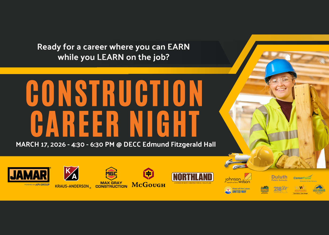 A smiling construction worker in safety gear holds wood beams. Text: "Construction Career Night, March 17, 2026, 4:30–6:30 PM at DECC Edmund Fitzgerald Hall." Includes logos of sponsoring organizations.