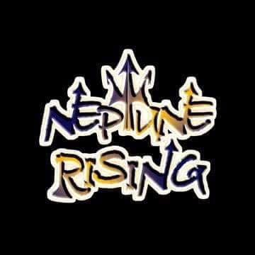 Stylized text reads "Neptune Rising" with tridents incorporated into the letters, set against a black background with a gradient of gold, blue, and white colors.