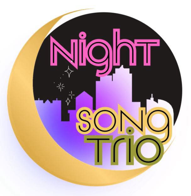 Logo with a gold crescent moon, purple city skyline, and the words “Night Song Trio” in pink, yellow, and green letters on a black circular background with sparkles.