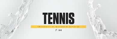 A white background with the word "TENNIS" in bold black letters. Below it, a yellow bar with "University of Wisconsin-Superior" written on it. Water splashes are visible on both sides.