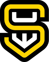 A bold, stylized letter "S" outlined in yellow and black, with a white geometric arrow pointing downward inside the lower part of the "S".