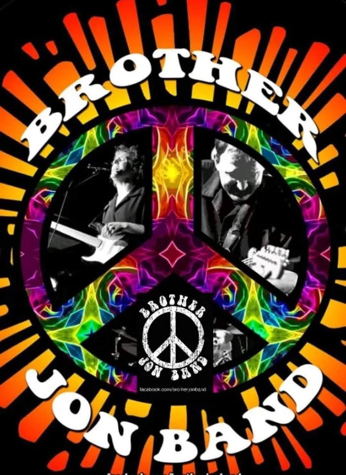 Psychedelic poster for Brother Jon Band featuring a peace symbol, vibrant tie-dye colors, two black-and-white photos of band members playing guitar, and bold white text reading "BROTHER JON BAND.