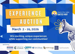 Promotional graphic for "Experience Auction" by Head of the Lakes United Way, held March 2-16, 2026. Features a megaphone and sponsor logos, inviting people to win unique experiences and support communities.