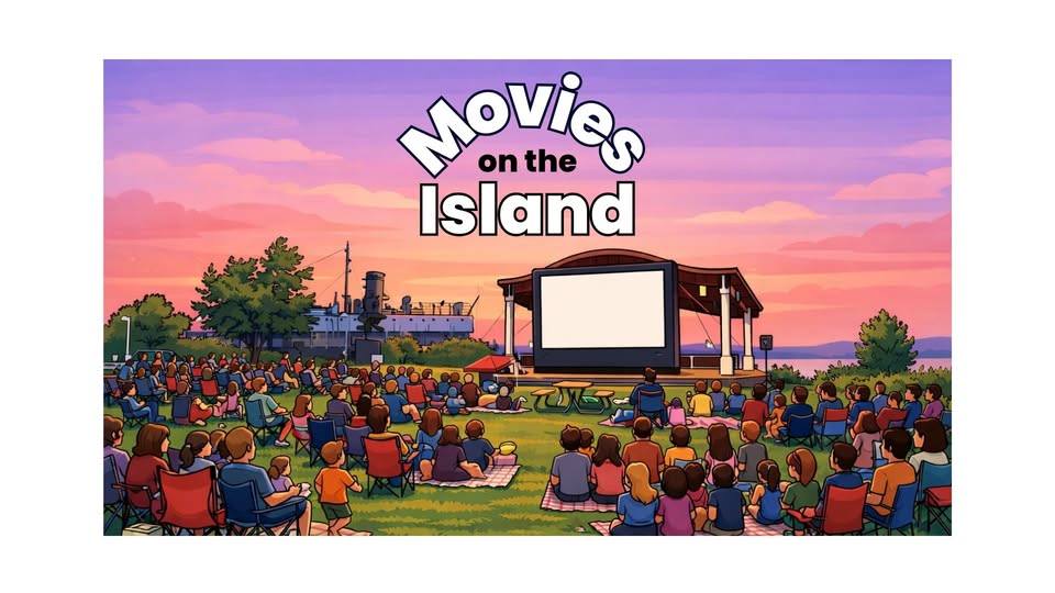 A large crowd sits on blankets and lawn chairs watching an outdoor movie on a grassy field at sunset. The text above reads "Movies on the Island." A ship and trees are visible in the background.