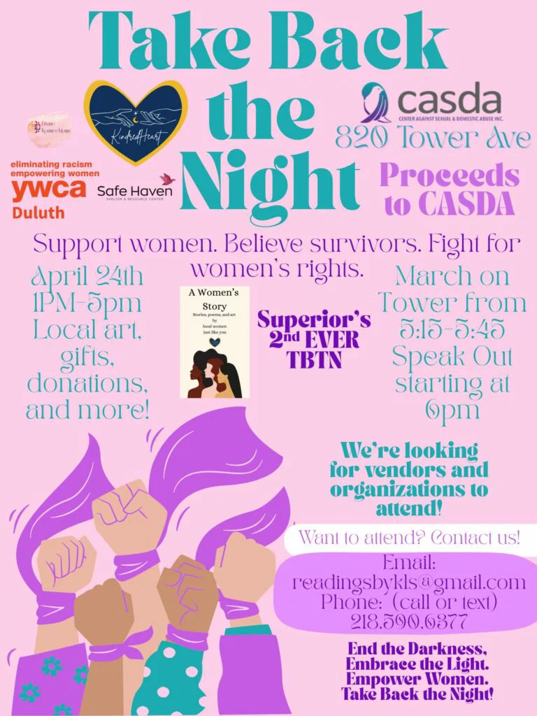 A colorful flyer for "Take Back the Night" on April 24th, 1–6 PM at 820 Tower Ave. Features event details, march info, contact, sponsor logos, and invites support for women's rights and survivor advocacy.