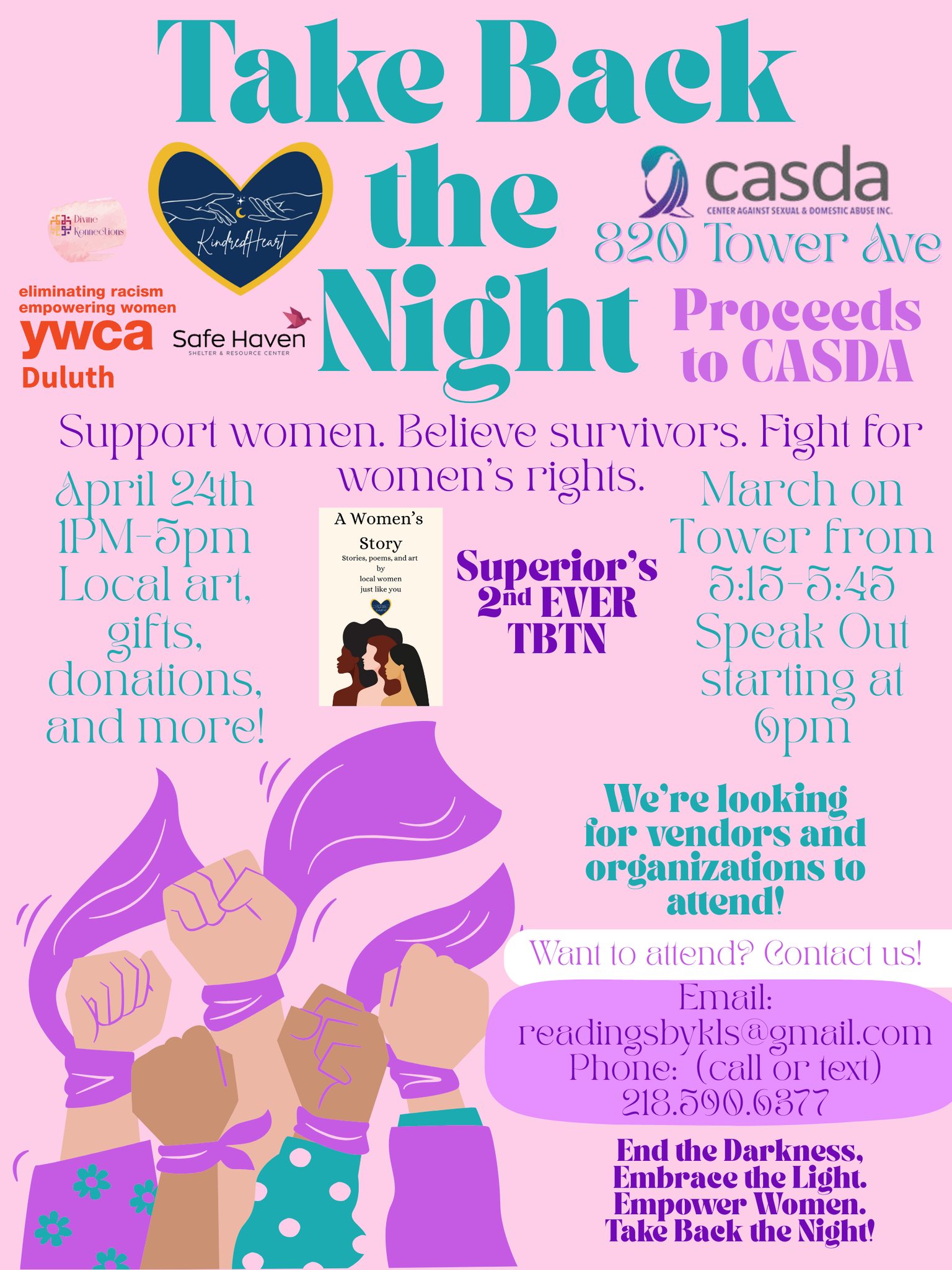 A colorful flyer for "Take Back the Night" on April 24th, 1–6 PM at 820 Tower Ave. Features event details, march info, contact, sponsor logos, and invites support for women's rights and survivor advocacy.