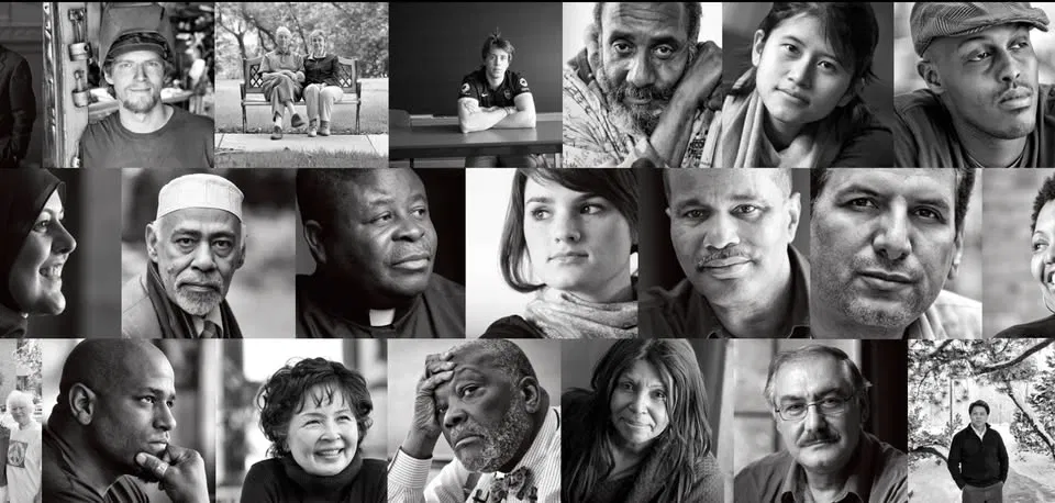 A collage of diverse people of different ages, ethnicities, and genders, shown in black-and-white portraits, each with unique expressions and backgrounds.