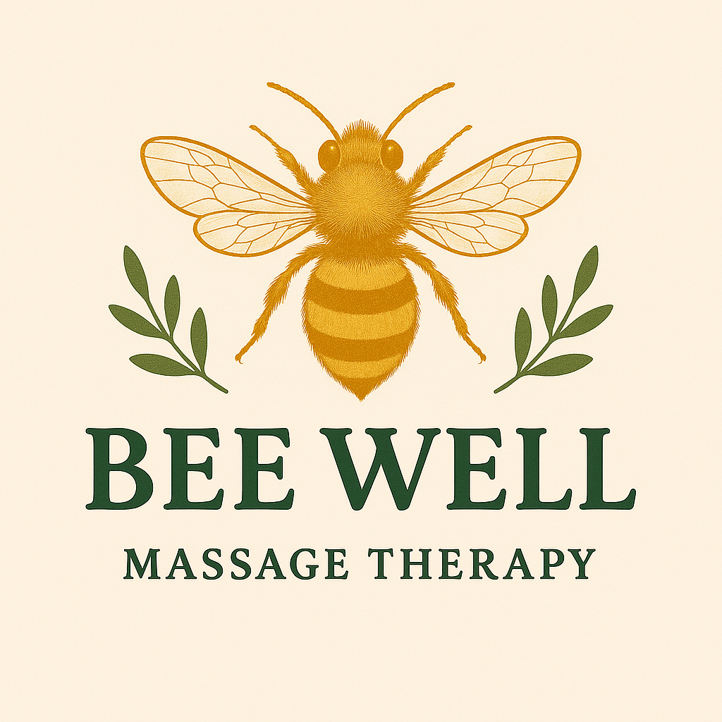 Illustration of a bee with leafy branches on each side above the words "Bee Well Massage Therapy" in green text on a light background.