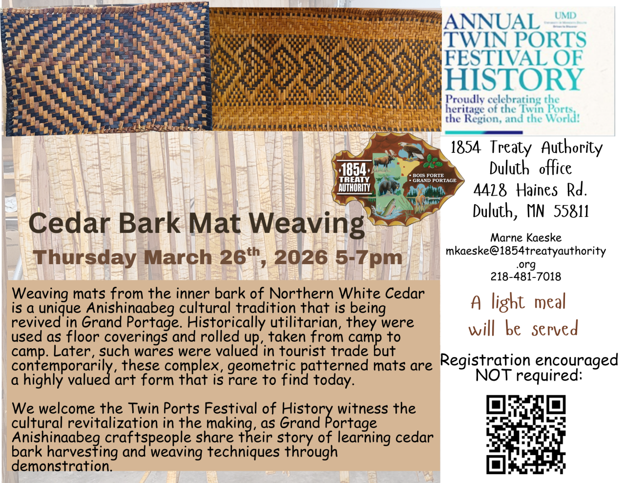 A flyer for a "Cedar Bark Mat Weaving" event on March 26, 2026, at the 1854 Treaty Authority in Duluth, MN. The flyer includes event details, organizer contact info, and decorative patterns. A light meal will be served.