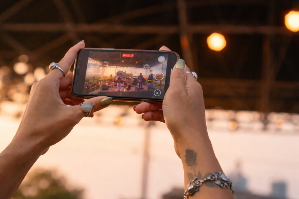 A person with rings and a bracelet holds up a smartphone to record a live outdoor performance on stage at the Lake Superior Ice Festival, with warm lights glowing in the background.