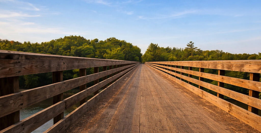 A wide wooden bridge with railings stretches straight ahead, surrounded by green trees under a blue sky with light clouds—a peaceful scene often found near Wisconsin snowmobile trails.